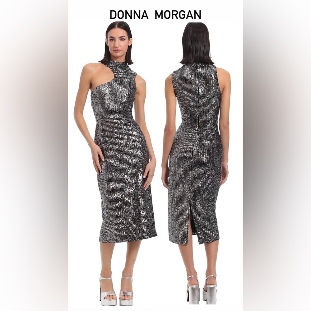 Donna Morgan Silver Sequin Asymmetrical Midi Dress